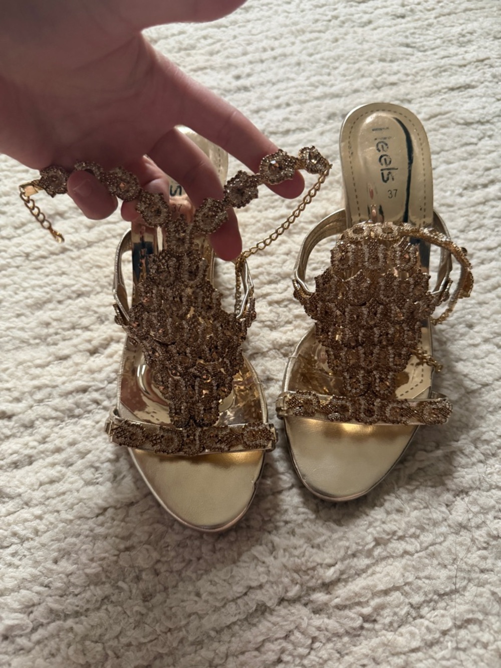 Metallic Gold Embellished T-Strap Block Heels - Size 6.5